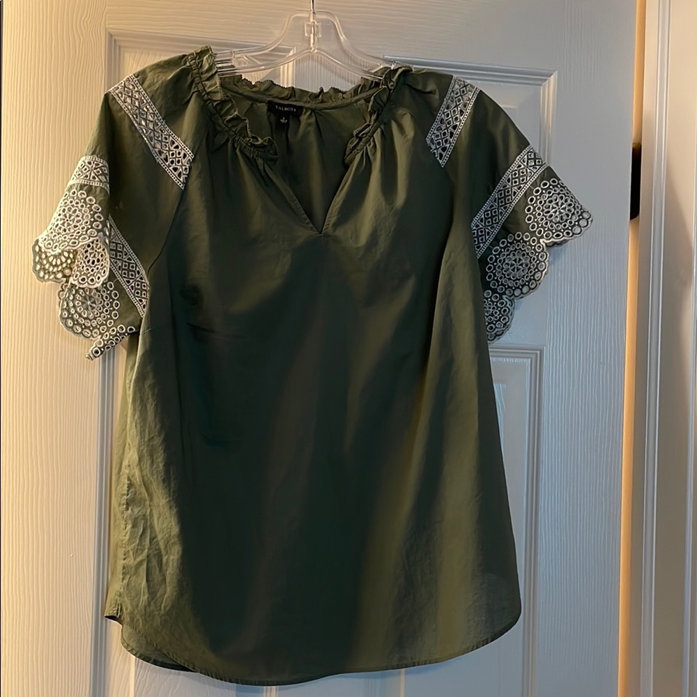 Talbots Olive Green Ruffled V-Neck Blouse
